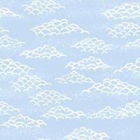 Seamless pattern with stylized white clouds on a soft blue textured background. Inspired by traditional Asian motifs, this elegant sky design is perfect for textiles, wallpapers, wrapping paper vector