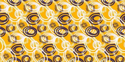 Modern abstract pattern featuring dynamic overlapping circles with dotted textures in dark purple and white on a vibrant yellow background. Artistic and energetic design, perfect for textiles vector