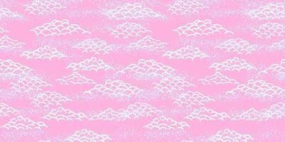 Seamless pattern with stylized hand drawn clouds in an Asian inspired design. White curved line clouds on a soft pink background with a subtle textured effect. Ideal for textiles, wallpaper vector