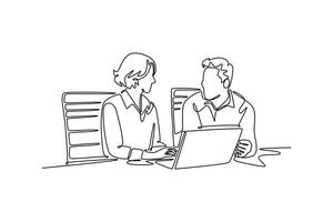 Two happy busy professional executives team business people working together on laptop. Technology in business concept. Single line draw design. graphic illustration vector