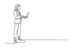 businesswoman with laptop computer. Technology in business concept. Single line draw design. graphic illustration vector
