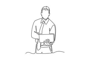 a confident young business man standing with laptop. Technology in business concept. Single line draw design. graphic illustration vector