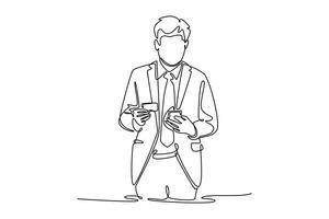 A business man standing and hand paying with credit card and entering key of security code with smart phone. Technology in business concept. Single line draw design. graphic illustration vector