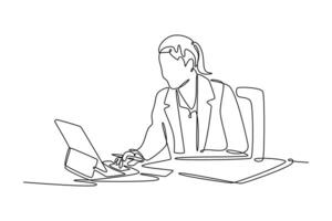 Business woman working with documents using calculator and laptop computer. Technology in business concept. Single line draw design. graphic illustration vector