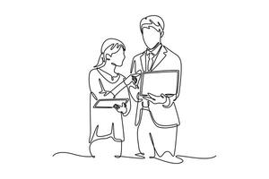 business group talking in office. Technology in business concept. Single line draw design. graphic illustration vector