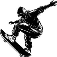 A silhouette of a skateboarder doing a trick vector