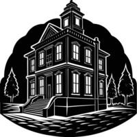 An old school house with a clock tower on top vector