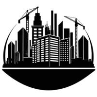 A black and white silhouette of a city with cranes vector