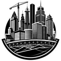 A black and white city skyline with a crane in the middle vector