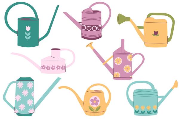 Set of garden watering can with floral ornament. Gardening equipment for caring and mending garden or orchard, spraying flowers and plants