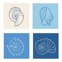 Set of background with hand drawn ink seashells. Summer coastal design elements for trendy poster, invitation, banner, menu cover. vector