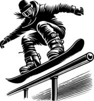 A Snowboarder Performing A Grind On A Rail, Black And White Snowboard Silhouette vector