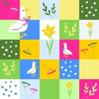 Spring quilt seamless background, bright patchwork pattern with cute goose or duck, flowers, leaves, berries vector