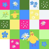 Bright patchwork pattern with cute chicken, flowers, spring quilt seamless background, vector