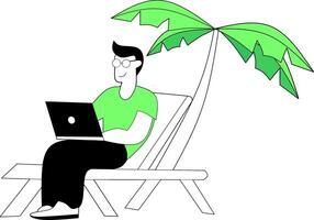 A man sitting on a chair with a laptop under a palm tree vector