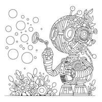 Cute robot blowing soap bubbles. Coloring page for kids and adults. Black and white background for coloring. vector