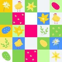 Spring quilt seamless background. Bright patchwork pattern with cute chicken, flowers. vector