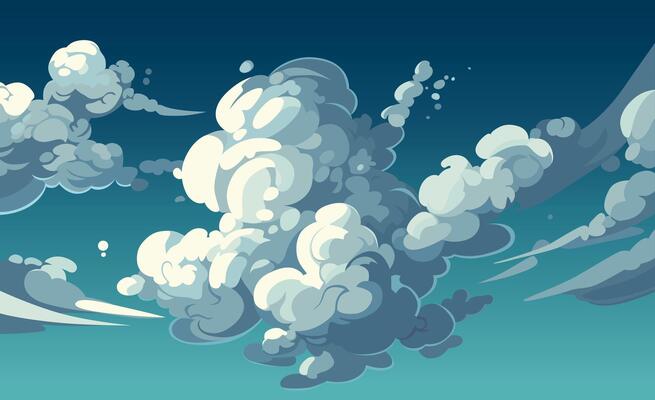 Blue sky with clouds. Anime style background with shining sun and white fluffy clouds. Sunny day sky scene cartoon illustration. Heavens with bright weather, summer season outdoor