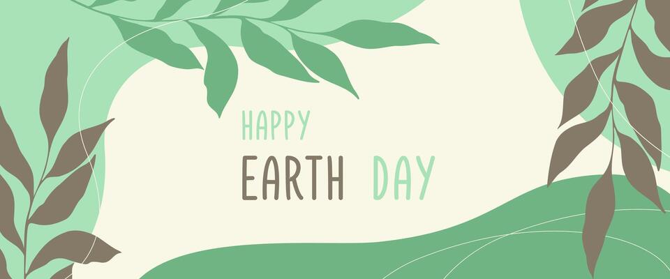 Earth Day banner, displayed in an artistic layout featuring earthy and green color schemes with botanical leaves decorative elements.