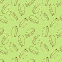Seamless pattern of pistachio nuts, golden outline of nuts on bright green background, hand drawn sketch. vector