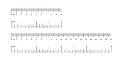 Set of ruler scales 4,8 inch and 10, 20 centimeters, markup, numbers. Measuring sticks. Distance, height, length measurement, sewing tool mockups. Measuring charts, metric, imperial units templates. vector