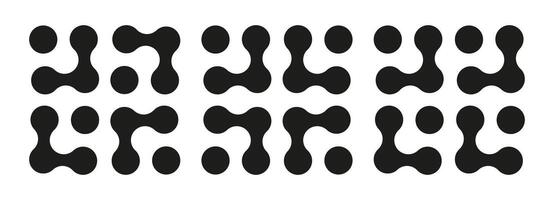 Metaball dot icons. Connected circle shape sign. Abstract integration symbol. Minimalist black pattern. Point movement. Morphing blobs. Metaballs transition. Logotype, sticker mockup. Design element. vector