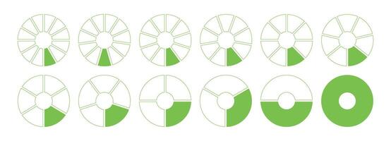 Donut charts, pies segmented on from 1 to 12 equal parts. Diagrams infographic. Circle section minimal graph. Green wheels divided in sections. Pizza chart round icons mockup. Coaching blank template. vector