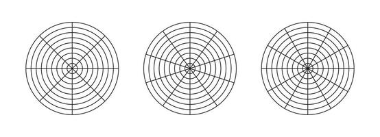 Set of wheel of life. Coaching tool for visualising all areas of life. Circle diagram, life style balance. Black polar grid with 8, 10, 12 segments and 8 concentric circles. Blank of polar graph paper vector
