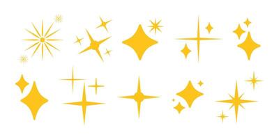 Set of gold sparkle stars. Twinkle stars minimal collection. Stars yellow icons. Blinking stars, sparks and sparkles. Shining twinkle sunburst shapes. Magic light flare pack for design. Glint glitter. vector