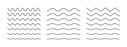 Wavy, curvy lines template. Simple undulate borders, transverse horizontal lines. Sine, fluid, air, wind signs pattern. Water, river, lake, sea, ocean symbol mockup. Outline minimalist black graphic. vector