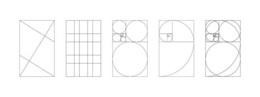 Set of golden ratio patterns. Method golden section mockup. Fibonacci array, numbers minimalist forms. Harmony proportions black frames. Outline thin graphic illustration. vector