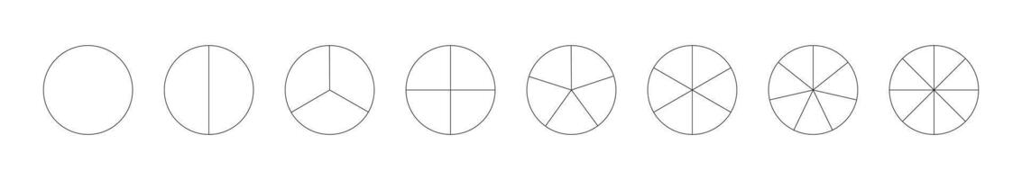 Circle division on from 1 to 8 equal parts. Round divided diagrams, from one to eight segments. Infographic set. Coaching blank pattern. Outline graphics. Pizza, pie charts. Segmented pinwheel black. vector