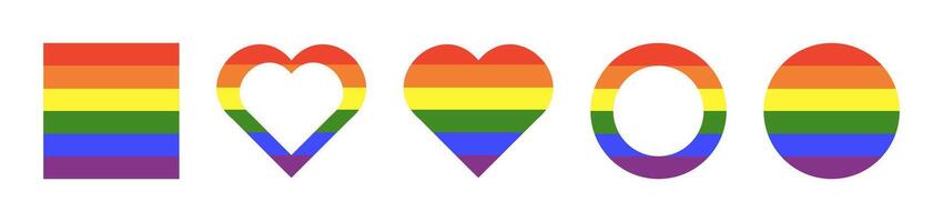 Rainbow flag mockup. Gay pride flat frames. Progress Logo symbol pattern. LGBT minimalist icons. Set of stickers in rainbow colors. Round, heart, square badge, button, backdrop. Template for design. vector