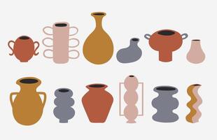 Ceramic vases and pots on isolated background. Hand drawn illustration with various moulded clay jugs for design, decor, sculpting studios. Set for paper, flyer, poster, card. Hobby and crockery vector