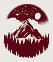 A mountain with trees and stars in the sky on grey. vector