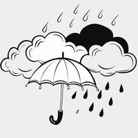 Black and White Simple Line Drawing Rainy Day with Open Umbrella vector