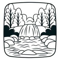 Calming Nature Scene Waterfall, River, Trees, Rocks, and Plants in a Peaceful Setting vector