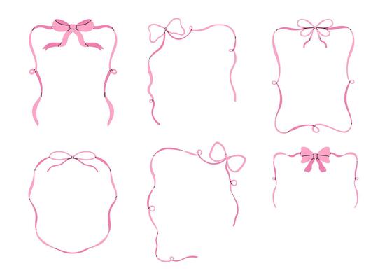 Coquette bows frame with laces for greeting cards, wedding and birthday party. Invitations in cute elegant style. Hand drawn ribbons border illustration for social media template.