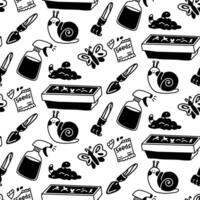 pattern of garden tools and potted plants highlighted on a white background for watering. Monochrome texture in the form of flat doodles. Seamless packaging of garden elements, tools, plants, insects vector
