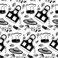 pattern of garden tools and plants, clothes, plants in the style of flat doodles, highlighted in white. A texture with equipment for transplanting indoor plants. Seamless garden elements and tools vector