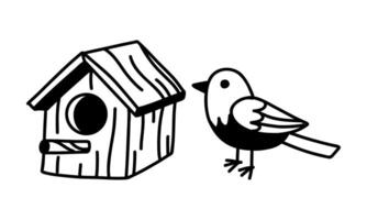 Monochrome illustration of a bird and a birdhouse. A flat doodle is an isolated object. Spring check-in to a new house. Ideal for projects related to nature, gardening, and animal welfare. vector