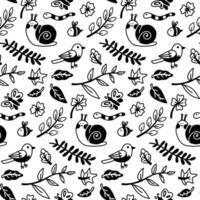 pattern of cute insects and plants, the doodle is flat. Butterfly, bird, ladybug, bee, snail, worm in the branches. illustration, texture on white. Seamless insect and bird packaging monochrome vector