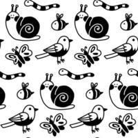 pattern of cute insects, the doodle is flat. Butterfly, bird, ladybug, bee, snail, worm. illustration, texture on a white background. Seamless insect and bird packaging monochrome vector