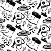 spring planting pattern. Bots, watering cans, hat, soil in the style of flat doodles, on a white background. Seamless texture in the theme of plant transplantation. Garden elements, seeds and tools vector