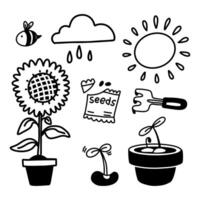 set of garden plants, nature, seeds in doodle flat style highlighted on a white background. set of equipment for transplanting house plants. collection of garden elements and tools. Monochrome vector
