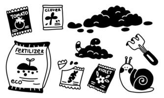 set of fertilizers and seeds in package, worm, snail. Isolated illustration on white. Monochrome illustration in form of flat doodles. a set of tools for transplanting indoor plants. garden fixtures. vector