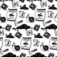 pattern of fertilizers and seeds in a package, a worm, a snail. Monochrome illustration in the form of flat doodles. The texture of the tools for transplanting indoor plants. garden supplies vector