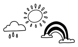 Signs of spring weather. Clouds with rain, rainbow, sun. Flat monochrome doodle illustration. Icons, symbols of nature. spring, summer, autumn. drawing is in the form of handmade lines. Isolated white vector