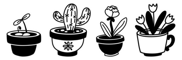 set of house plants in flower pots. Flowerpots in a row with plants. Illustration of a flat monochrome drawing. separate subject of home botany. Ideal for use in projects related to ecology, gardening vector