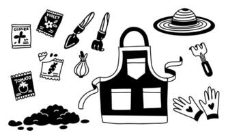 set of garden tools and plants, clothes, seeds in a flat doodle style highlighted on a white background. set of equipment for transplanting house plants. collection of garden elements and tools vector